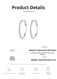Detail view of S925 sterling silver hoop earrings featuring pavé set moissanite stones