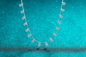 Detail of S925 sterling silver fringe necklace with round sparkling moissanite pendants