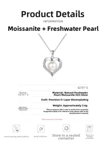 Detailed specs of S925 silver heart necklace with freshwater pearl and moissanite stone