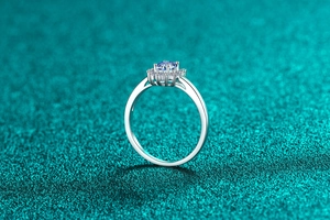 Top view of S925 sterling silver ring with blue sapphire halo and white zircons