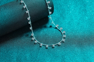 Detailed macro view of S925 sterling silver necklace with delicate square moissanite charms
