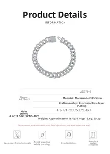 Macro detail of S925 sterling silver Cuban link bracelet with moissanite stones and specs