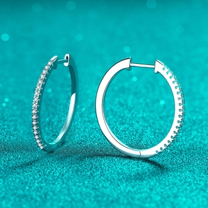 Polished S925 sterling silver hoop earrings with micro-pave moissanite on green glitter