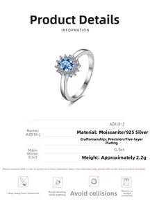 Detailed view of S925 silver ring featuring 0.5ct blue moissanite in eight-prong setting