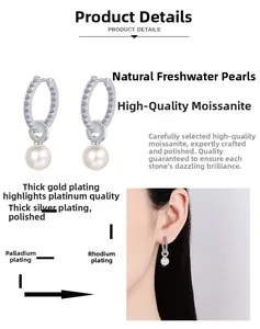 Macro view of S925 sterling silver hoop earrings with moissanite and freshwater pearls