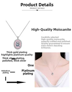 Detail of oval moissanite pendant featuring multi-layer silver and rhodium plating