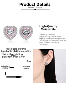 Vista dettagliata di orecchini a cuore in moissanite con placcatura in oro rosa e modello