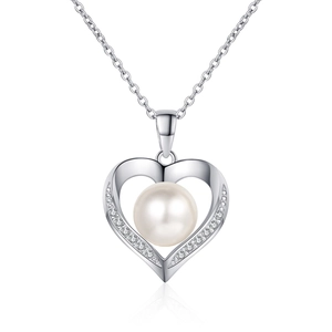 S925 sterling silver heart-shaped necklace with freshwater pearl and sparkling pavé stones