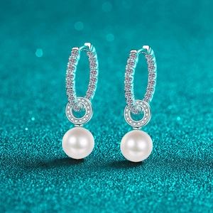 S925 Sterling Silver Freshwater Pearl Drop Earrings Inlaid Moissanite Hoop Ear Clips For Women Elegant Wedding Jewelry