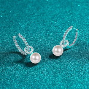 S925 sterling silver hoop earrings with freshwater pearls and sparkling moissanite stones