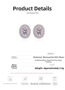 Detailed view of 1.0ct oval moissanite earrings in 925 silver with dual-color halo