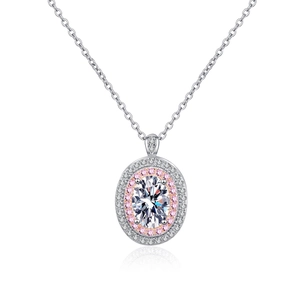 Oval moissanite pendant necklace with pink halo in S925 silver on white background