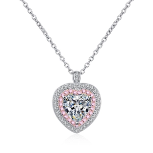 S925 Sterling Silber Herzkette mit Moissanit-Anhänger und rosa Halo auf weißem Hintergrund