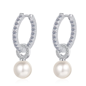 Elegant S925 sterling silver hoop earrings with pave moissanite and fresh water pearl drops