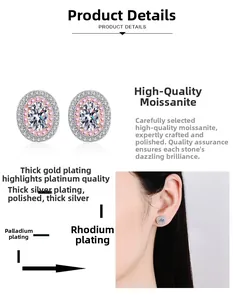 Detail of oval moissanite halo earrings with rose gold plating on an Asian model