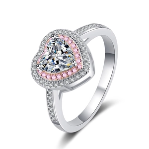 S925 Sterling Silber Herzring mit doppeltem Halo aus rosa und weißen Steinen