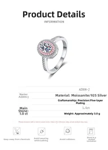 Detailed view of 1ct moissanite ring with pink halo and 925 silver specifications