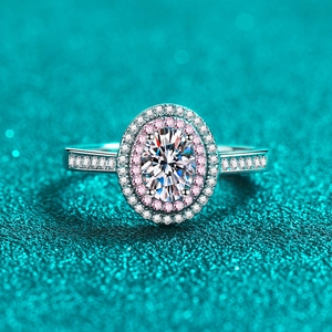 Luxury 925 Sterling Silver Moissanite Oval Zirconia Ring Double Halo Pink White Stone Inlaid Engagement Wedding Finger Ring