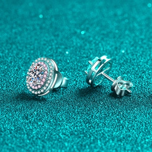 925 silver oval moissanite stud earrings with pink and blue double halo accents