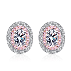 925 silver oval moissanite stud earrings with pink and white halo in silver finish