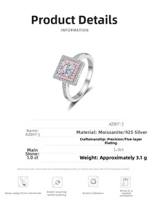 Detailed view of 1.0ct princess cut moissanite ring with pink zircon double halo in 925 silver