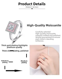 Detail of square moissanite ring with pink halo and layered plating process text