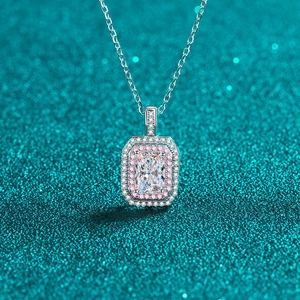 925 Sterling Silver Moissanite Necklace For Women Emerald Radiant Cut Pendant Double Halo Pink White Zirconia Clavicle Chain Jewelry
