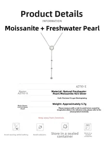 Détail macro d'un pendentif en argent 925 avec perle d'eau douce 8mm et moissanites 0,67ct