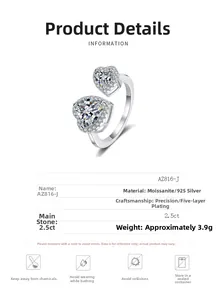Detailed specs of S925 sterling silver open ring with 2.5ct heart moissanite