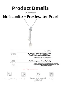 Détail du collier en argent 925 avec moissanite 1ct et deux perles d'eau douce 8mm
