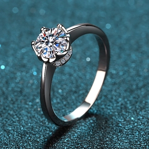 925 Sterling Silver Ring For Women Round Brilliant Cut Moissanite Six-Prong Crown Finger Ring Zirconia Wedding Jewelry