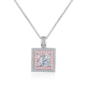 Collier en argent S925 avec pendentif moissanite carrée et détails de halo rose
