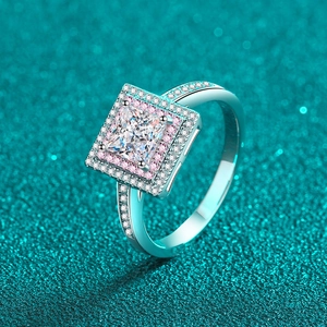 S925 sterling silver ring with princess cut moissanite and pink halo accents