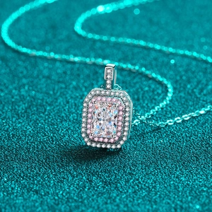 Elegant S925 sterling silver necklace with emerald cut moissanite and pink halo pendant
