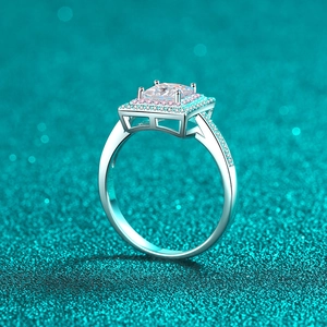 S925 sterling silver square cushion cut moissanite ring with pink halo in luxury setting