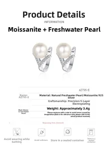 Detail of 925 silver earrings with 8mm freshwater pearl and 0.13ct moissanite stones