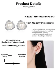 Vue détaillée de la boucle d'oreille fleur S925 en argent avec perle et moissanite