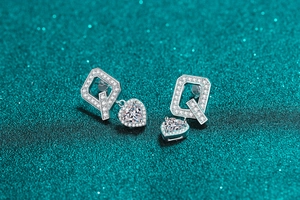 Detailed view of S925 sterling silver earring with moissanite heart and hallmark stamp