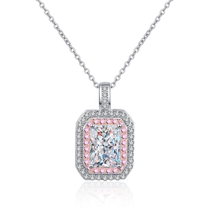 S925 sterling silver necklace featuring radiant cut clear stone and pink halo pendant