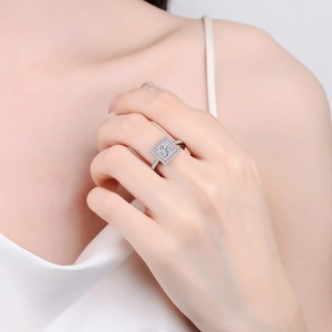 Luxury S925 sterling silver square moissanite ring with pink and white double halo