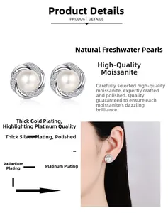 Détail de boucles d'oreilles fleur de prunier en argent S925 avec perle d'eau douce et moissanite