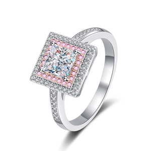S925 silver ring featuring princess cut moissanite with pink halo and sparkling diamond band