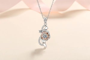 Macro view of rose flower pendant with moissanite center and ribbon details in S925 silver