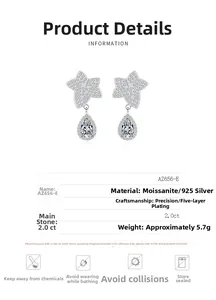 Detail view of S925 silver maple leaf earrings with 2.0ct teardrop moissanite stones