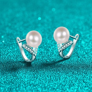 S925 sterling silver hoop earrings with white freshwater pearls and moissanite accents