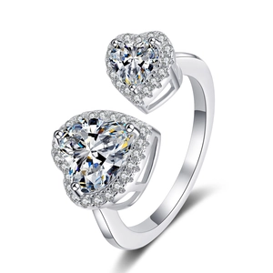 Adjustable S925 sterling silver ring with double heart-cut moissanite diamonds