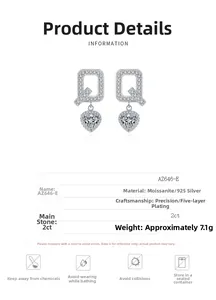 Detailed specs of 2ct heart-shaped moissanite silver earrings with Q-shaped diamond studs