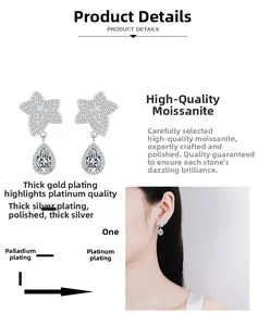 Detailed view of leaf earrings with pear-cut moissanite and multi-layer plating