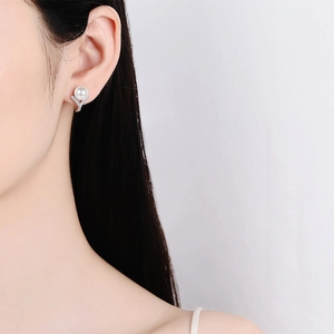 S925 sterling silver hoop earrings featuring white freshwater pearl and moissanite accents