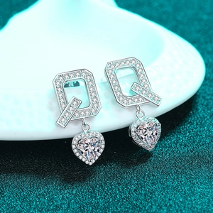 S925 Sterling Silver Moissanite Heart Stud Earrings For Women Q Letter Geometric Dainty Earring Jewelry Wedding Party Gift